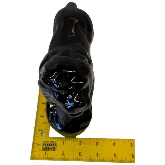Vtg MCM Black Ceramic Stalking Lion Cat Figurine Green Eyes 9” Gloss Art Rare - Picture 12 of 16